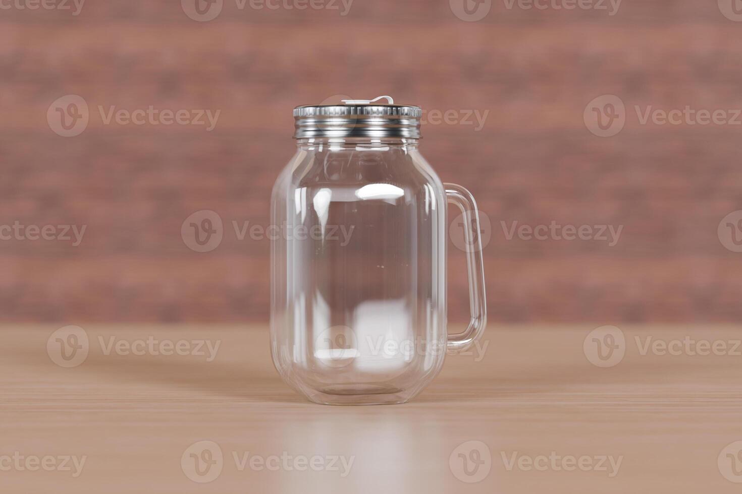 Transparent glass mug jar with stainless steel metal lid and handle placed on a wooden table. Suitable for branding your product with quality 3d rendering. Empty drinking glass, realistic mock-up photo