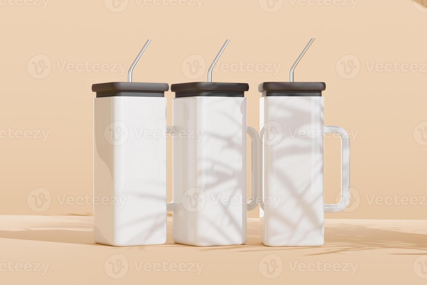 Custom glass coffee cups, white square glass cups with black rubber lids and iron straws on a beige background with leaf images on the glass cups. 3D rendering for product display photo