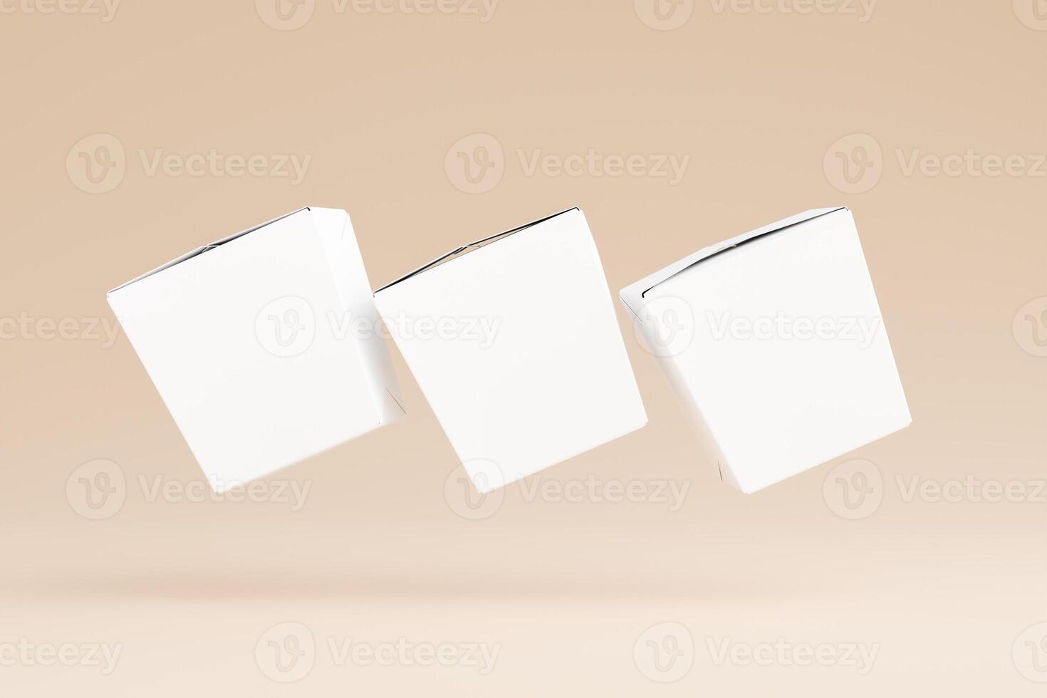 Set of food box isolated laying down behind white blank color on solid beige background with wood chopstick single use disposable packaging for mock-up 3D rendering photo
