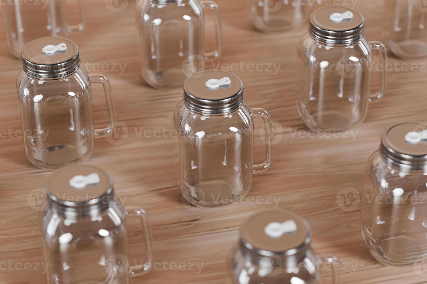 Transparent glass mug jar with stainless steel metal lid and handle placed on a wooden table. Suitable for branding your product with quality 3d rendering. Empty drinking glass, realistic mock-up photo