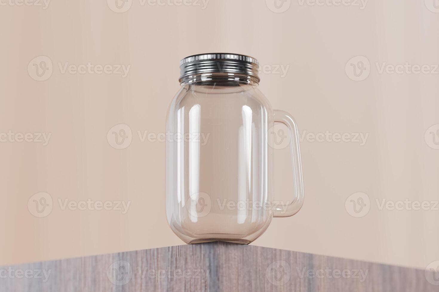 Transparent glass mug jar with stainless steel metal lid and handle placed on a wooden table. Suitable for branding your product with quality 3d rendering. Empty drinking glass, realistic mock-up photo