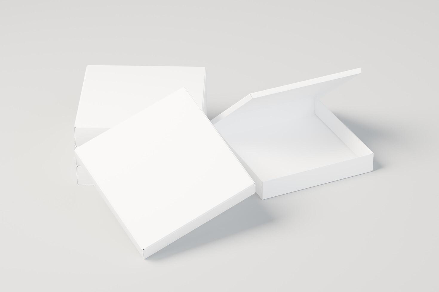 Square pizza boxes in half open and closed state with front view to showcase food products with white background theme, your product branding and 3d rendering illustration isolated photo