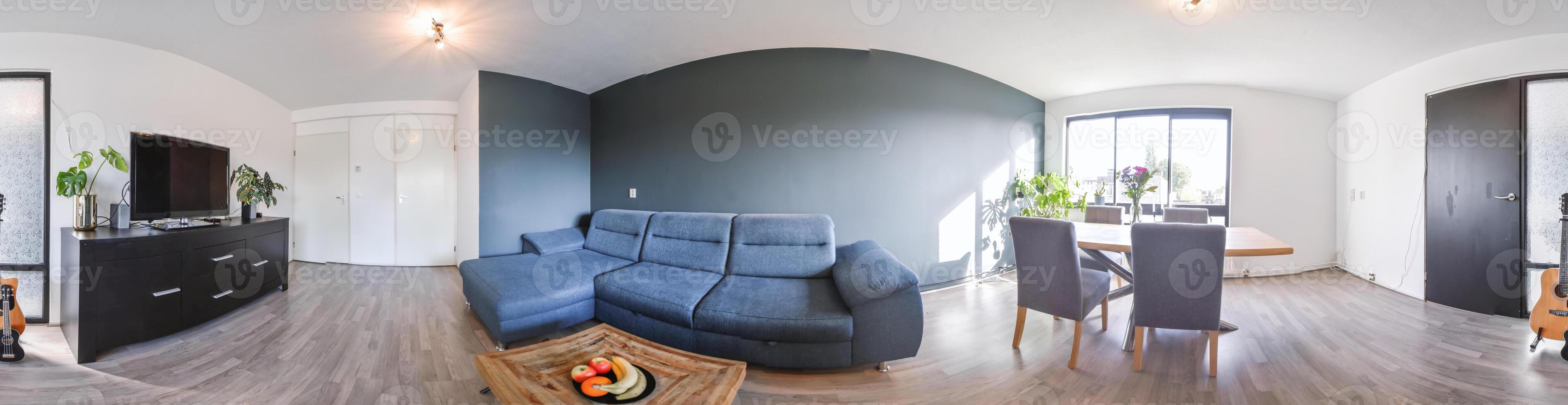 A 360 - view of a living room and kitchen photo
