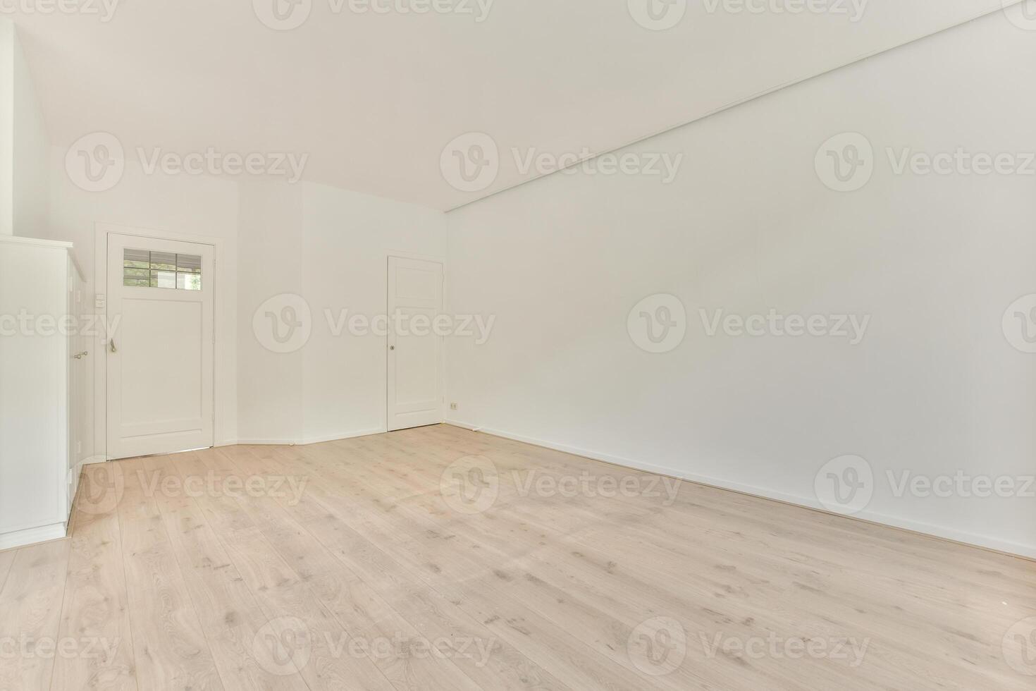 An empty room with white walls and wooden floors photo