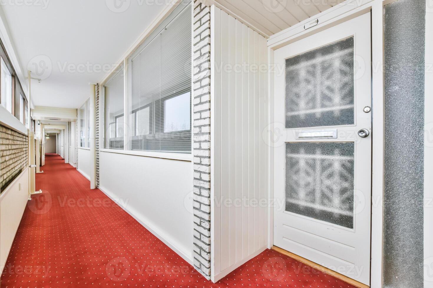 A hallway with a red carpet photo