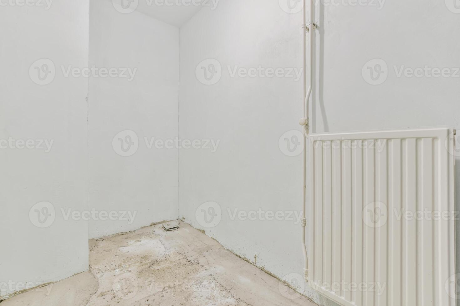 An empty room with a radiator and a wall photo
