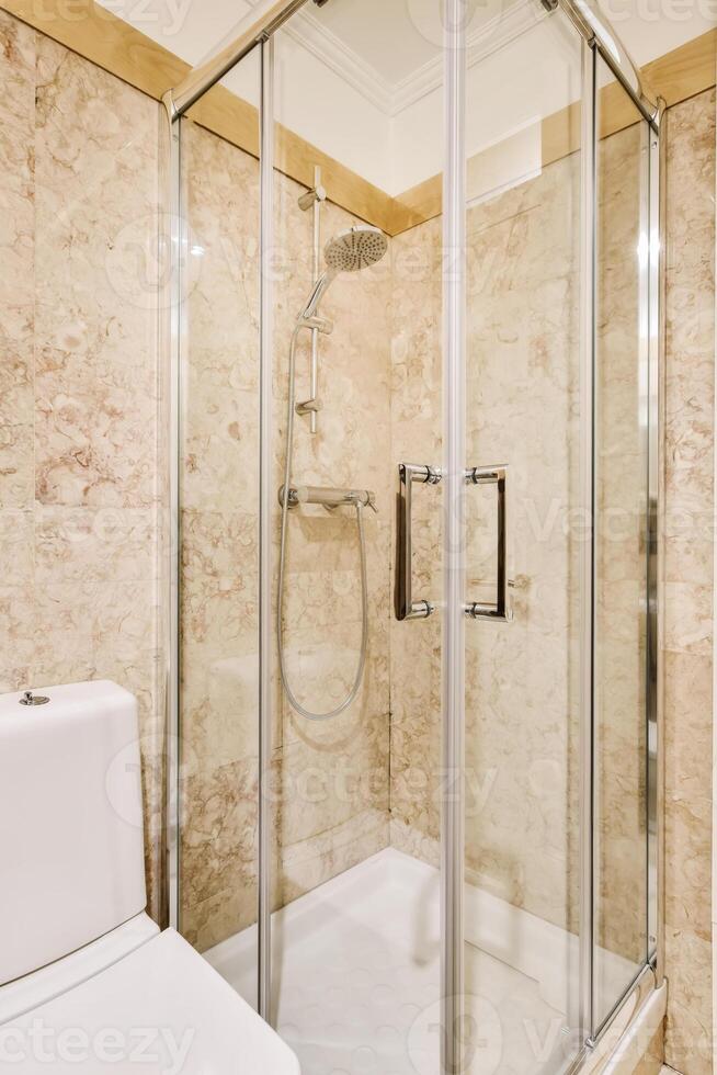 A bathroom with a shower and toilet photo