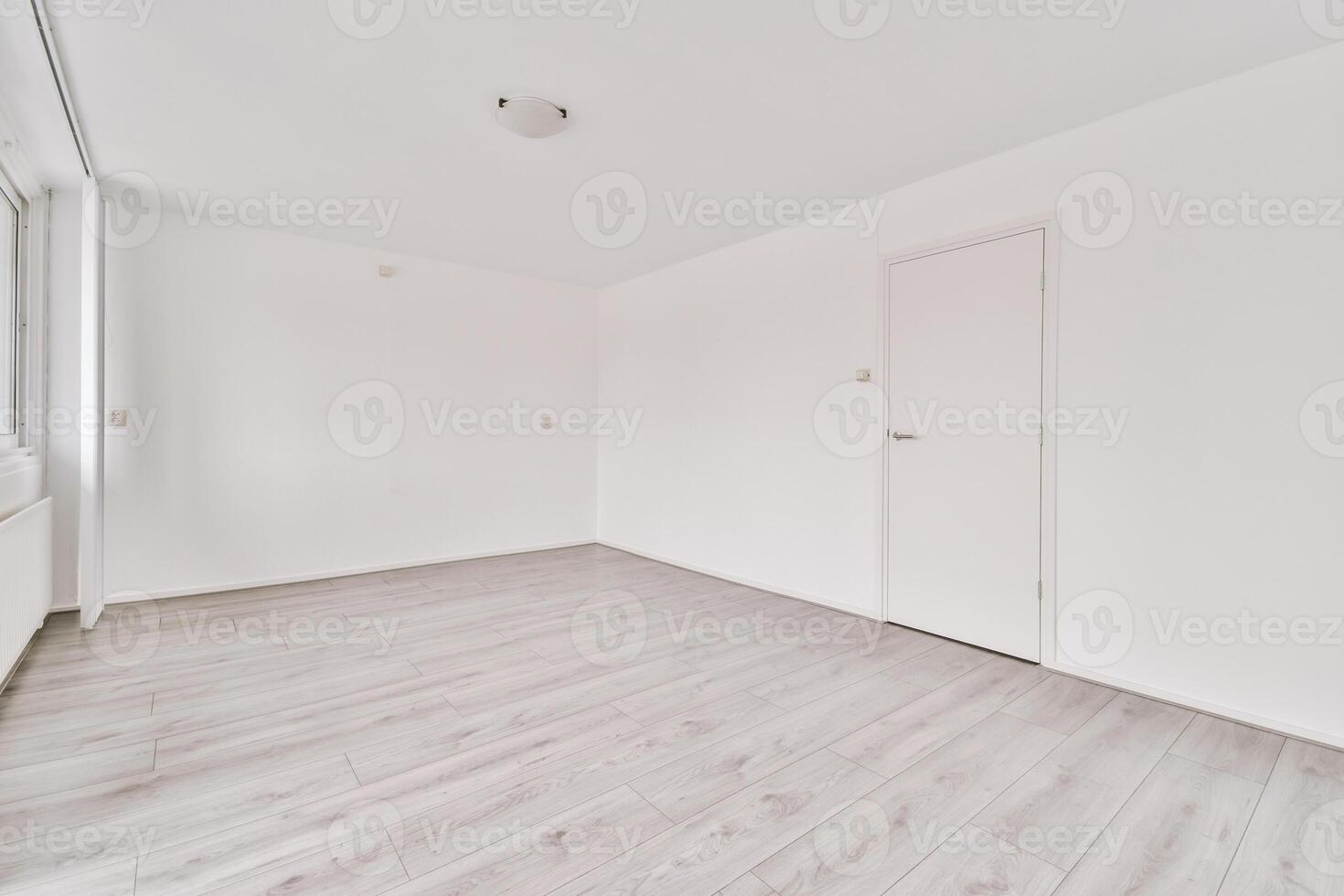 An empty room with white walls and wooden floors photo