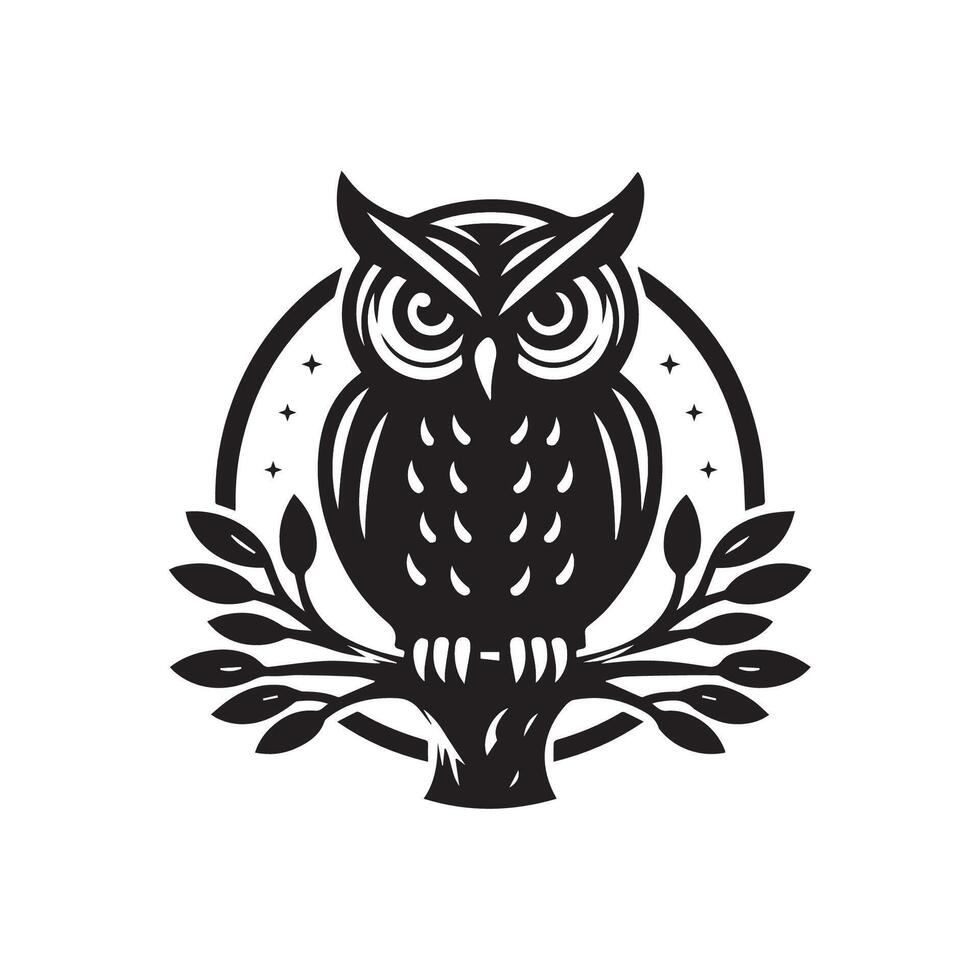 logo illustration of a black and white owl sitting on a branch vector