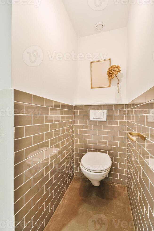 A bathroom with a toilet and a wall with a picture photo