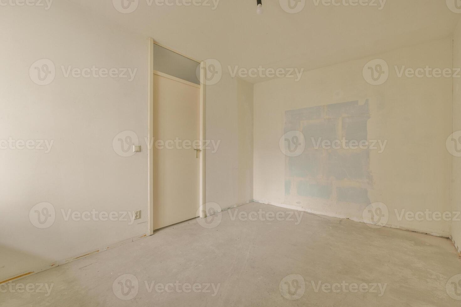 An empty room with a door and a wall photo