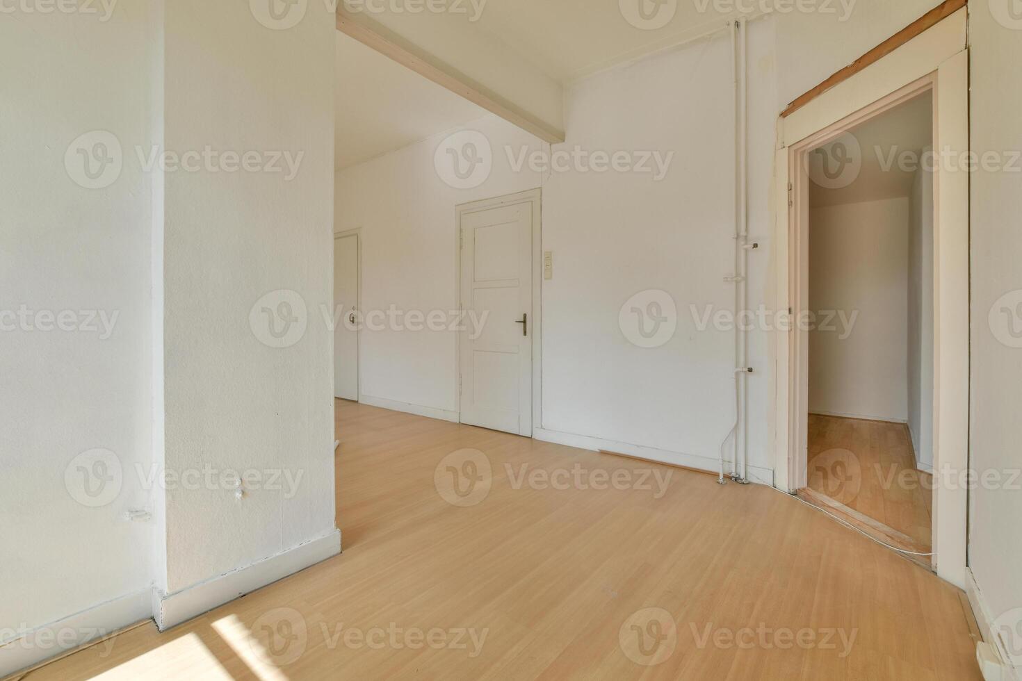 An empty room with wooden floors and white walls photo