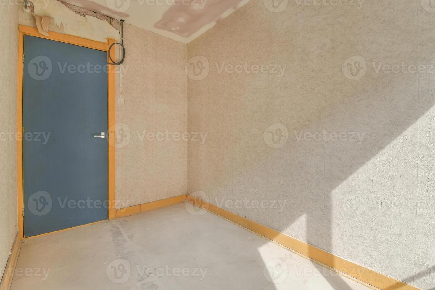 An empty room with a blue door and a window photo
