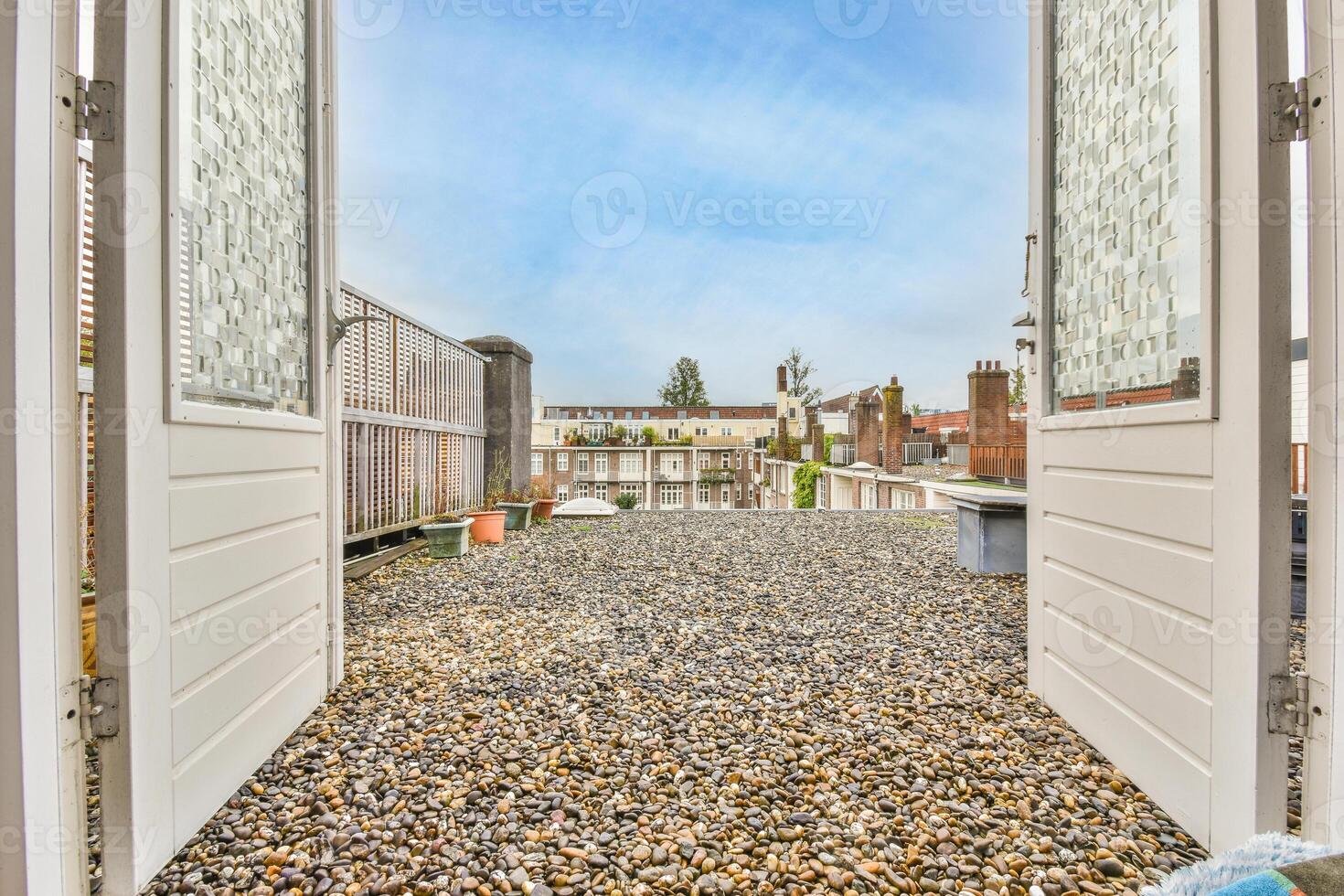A view of a backyard from an open door photo
