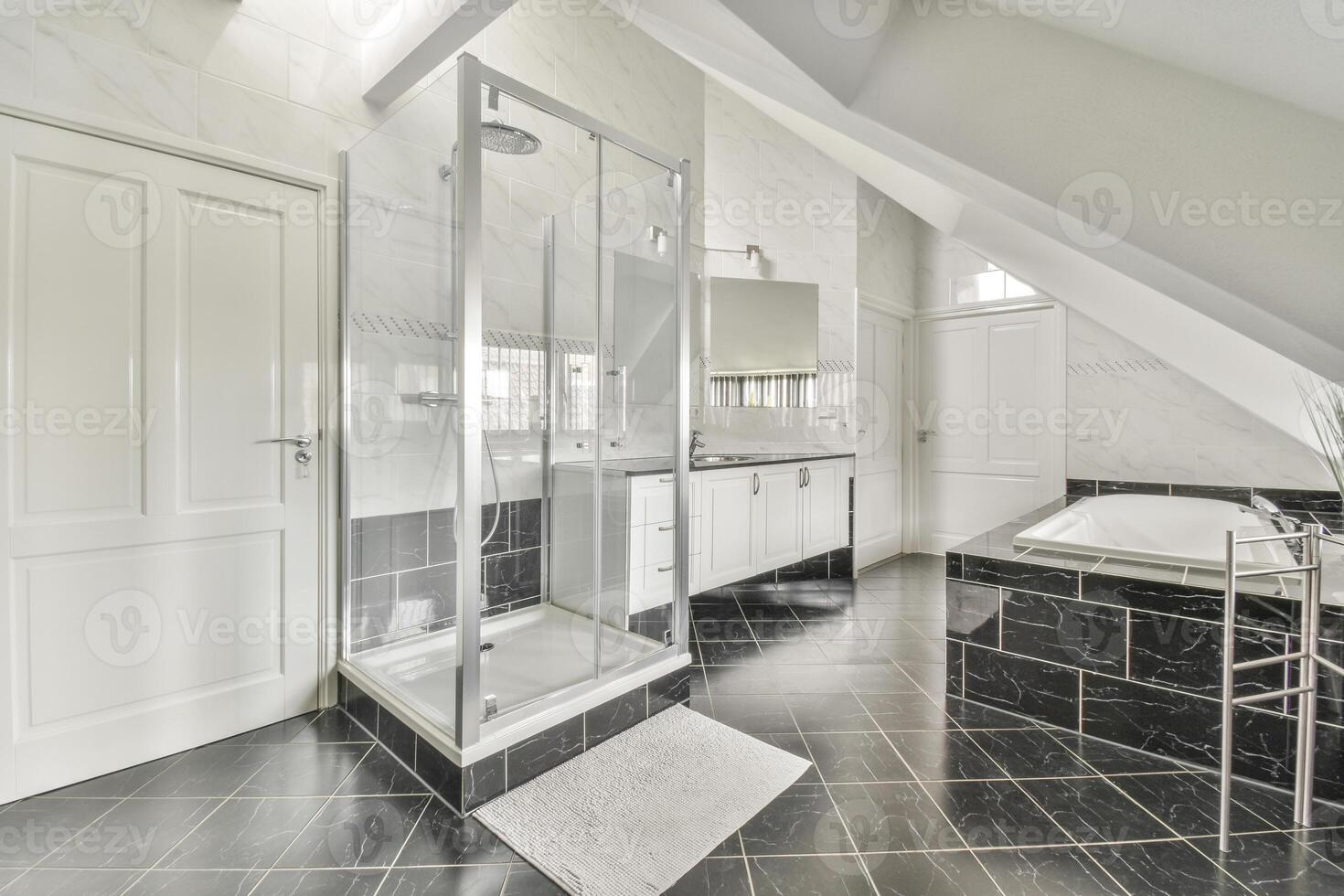 A bathroom with a shower and a sink photo