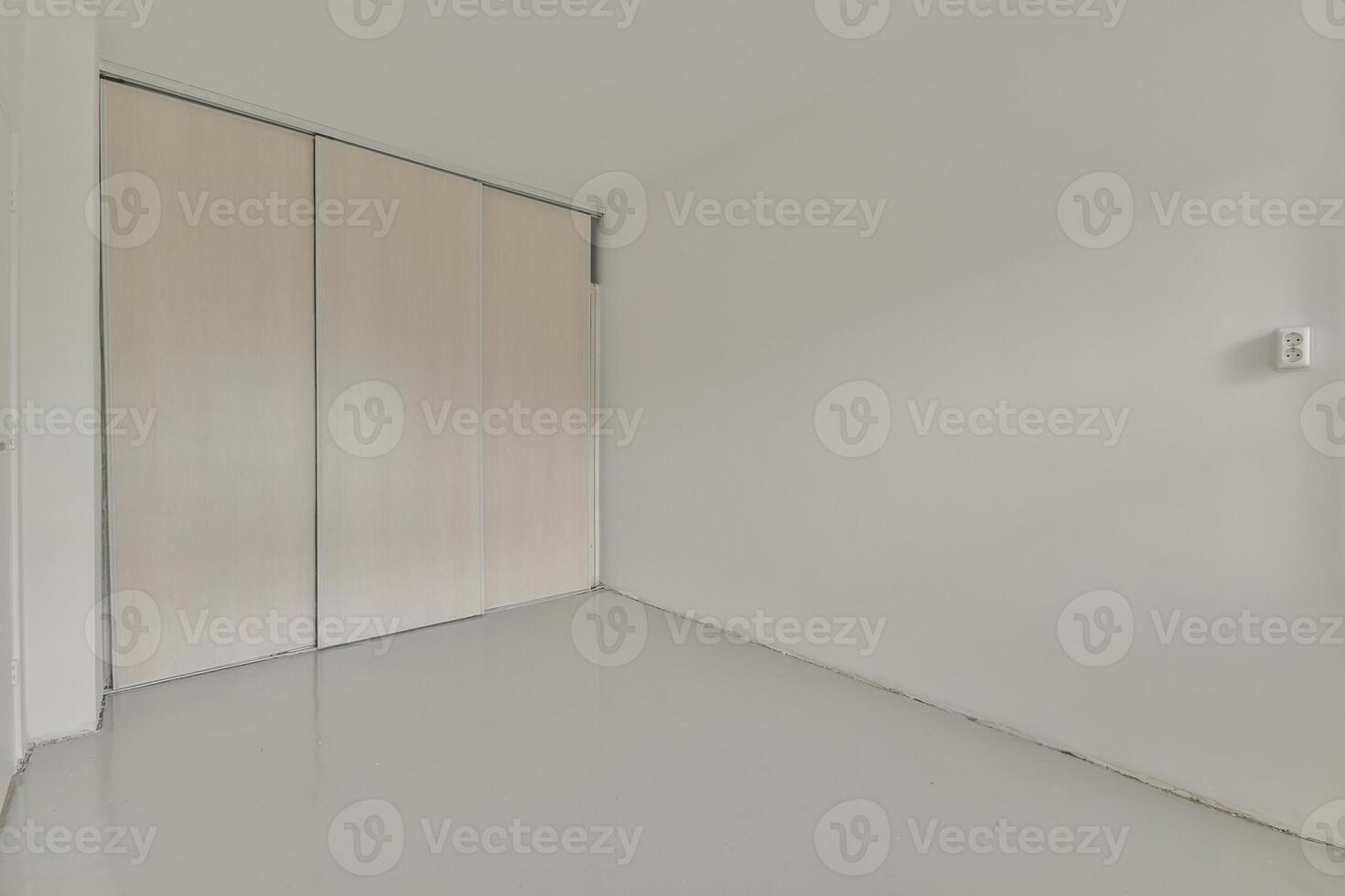 An empty room with white walls and wooden doors photo