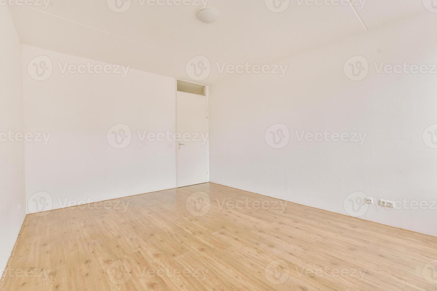 An empty room with white walls and wooden floors photo