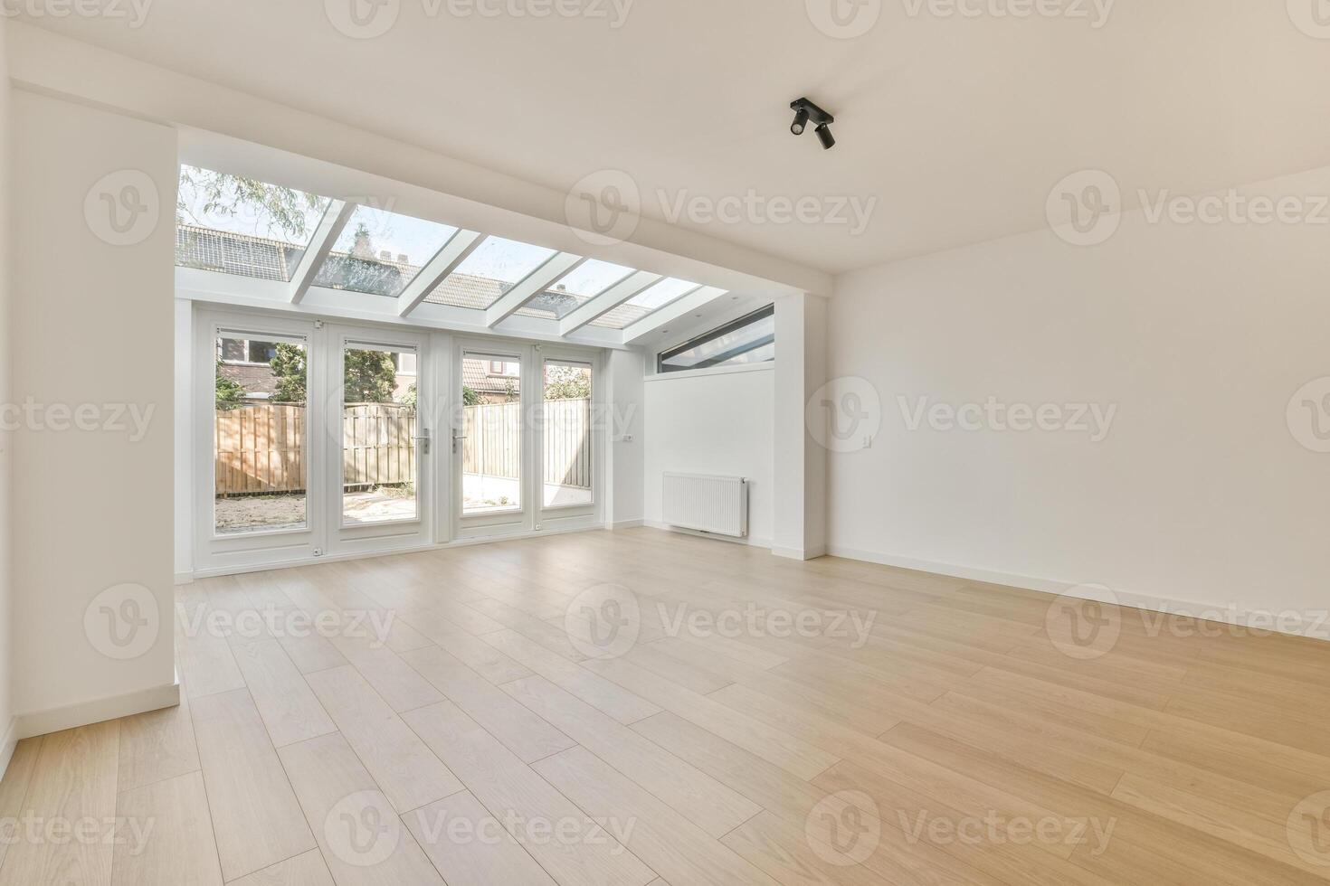 An empty room with a skylight and wooden floors photo