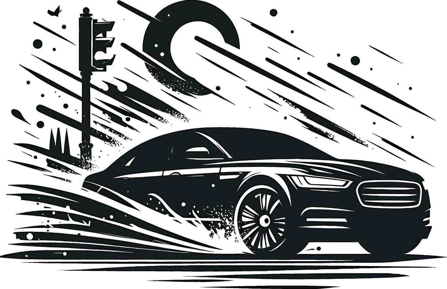 Car driving on the road, black and white illustration vector