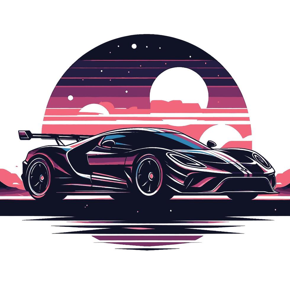 A car in the sunset with a purple sky vector
