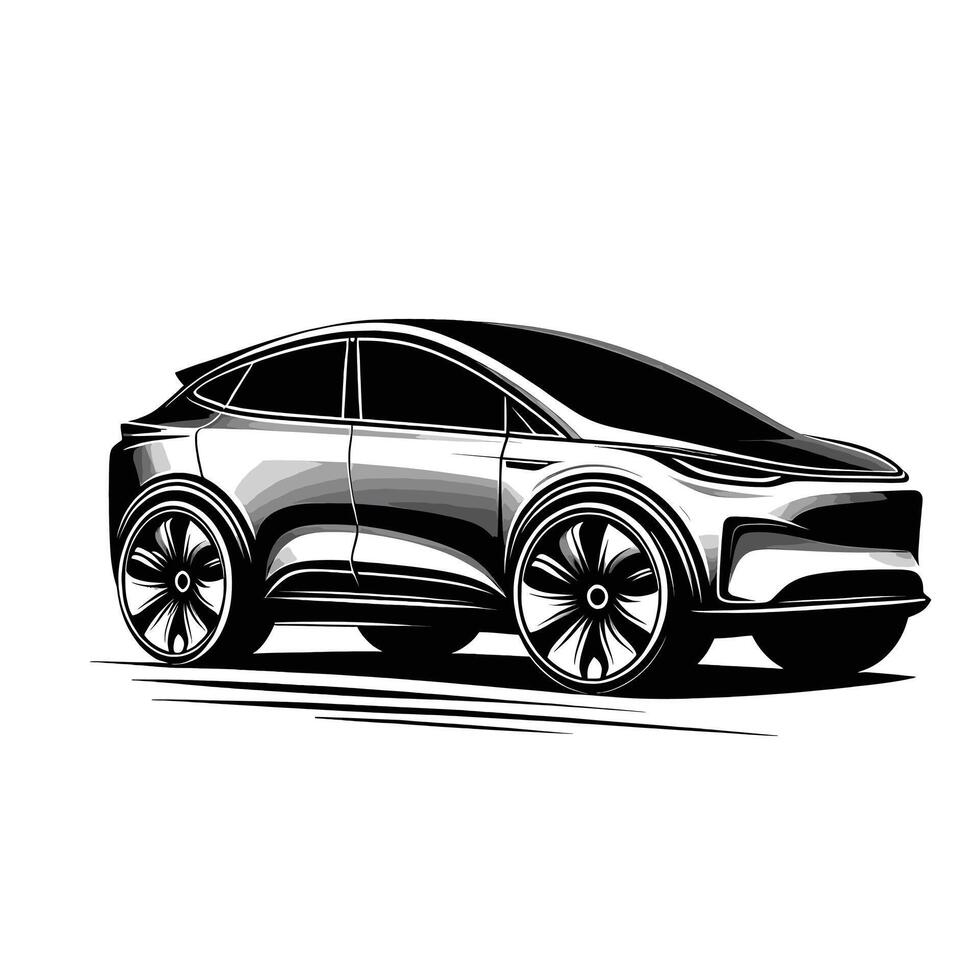 An electric car is shown in a black and white drawing vector