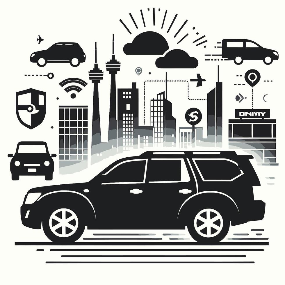 Car with city skyline and other icons vector