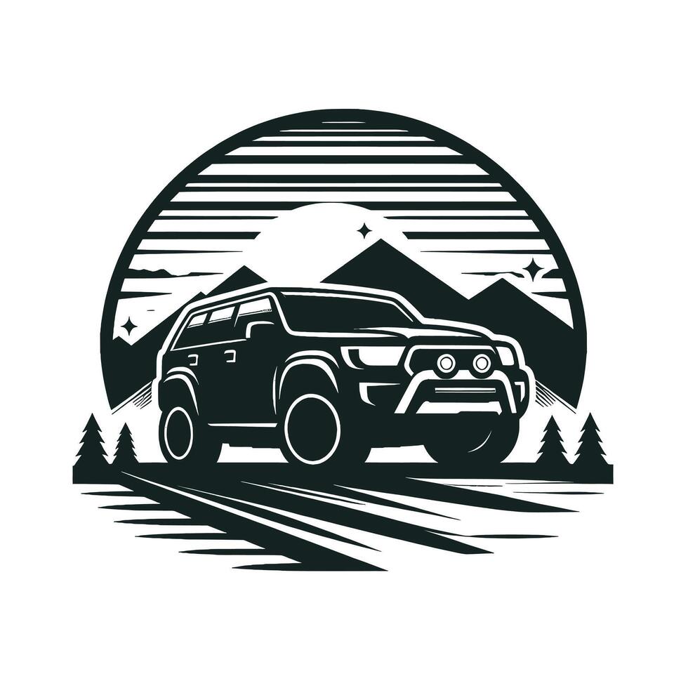 An off road vehicle is driving through the mountains vector