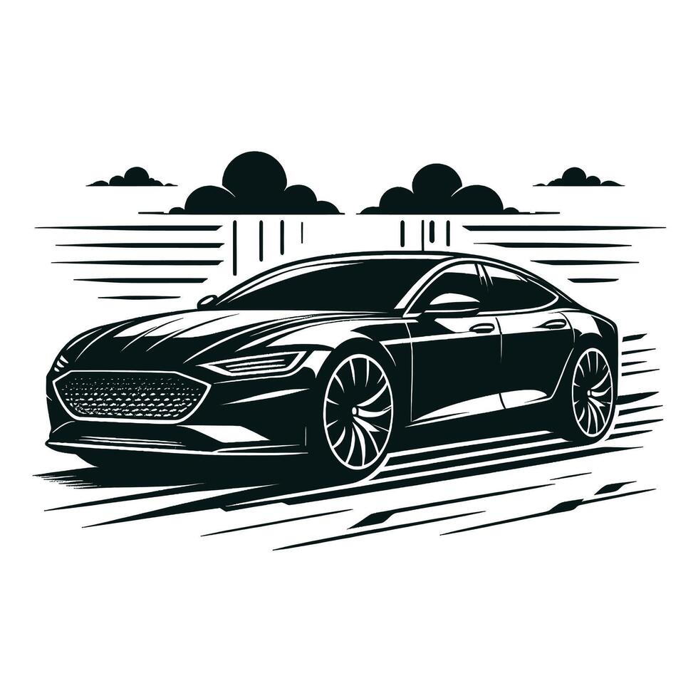 Black and white illustration of a car on the road vector