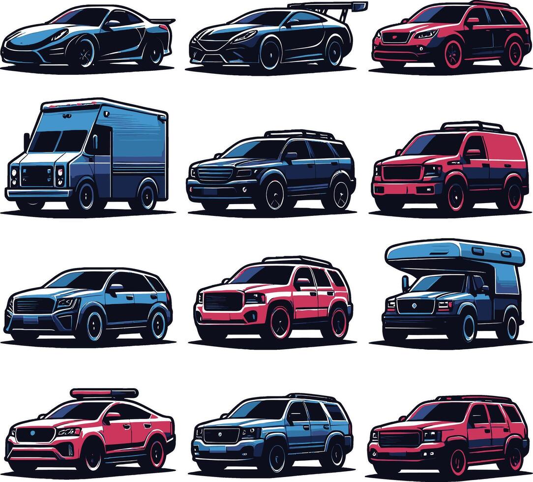 Various types of cars in different colors vector