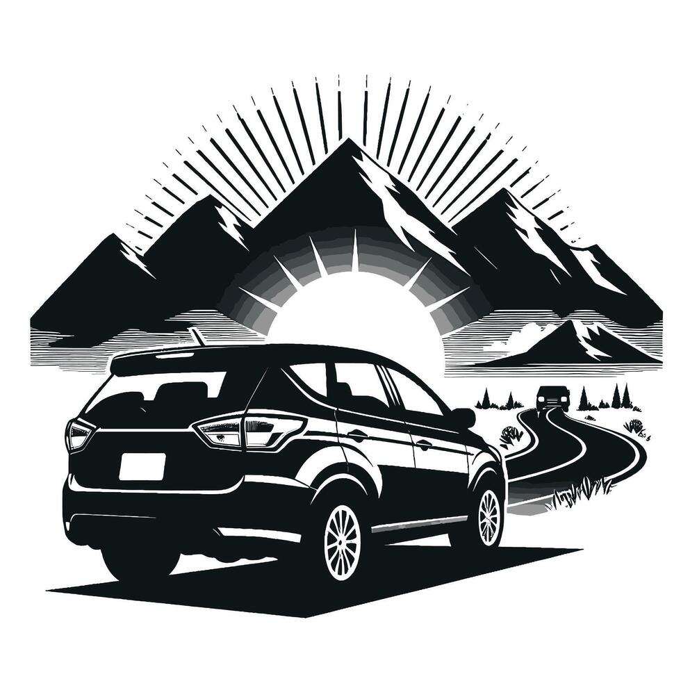 Car driving on the road with mountains in the background vector
