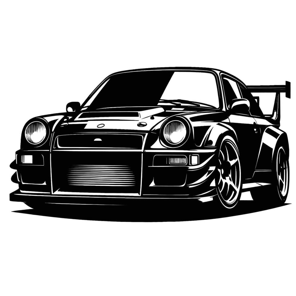 A black and white drawing of a sports car vector