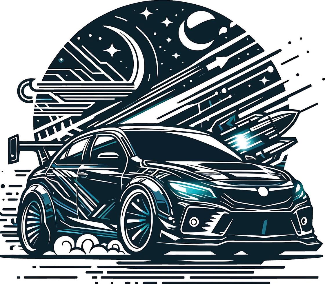 A car with a rocket on it and a space background vector