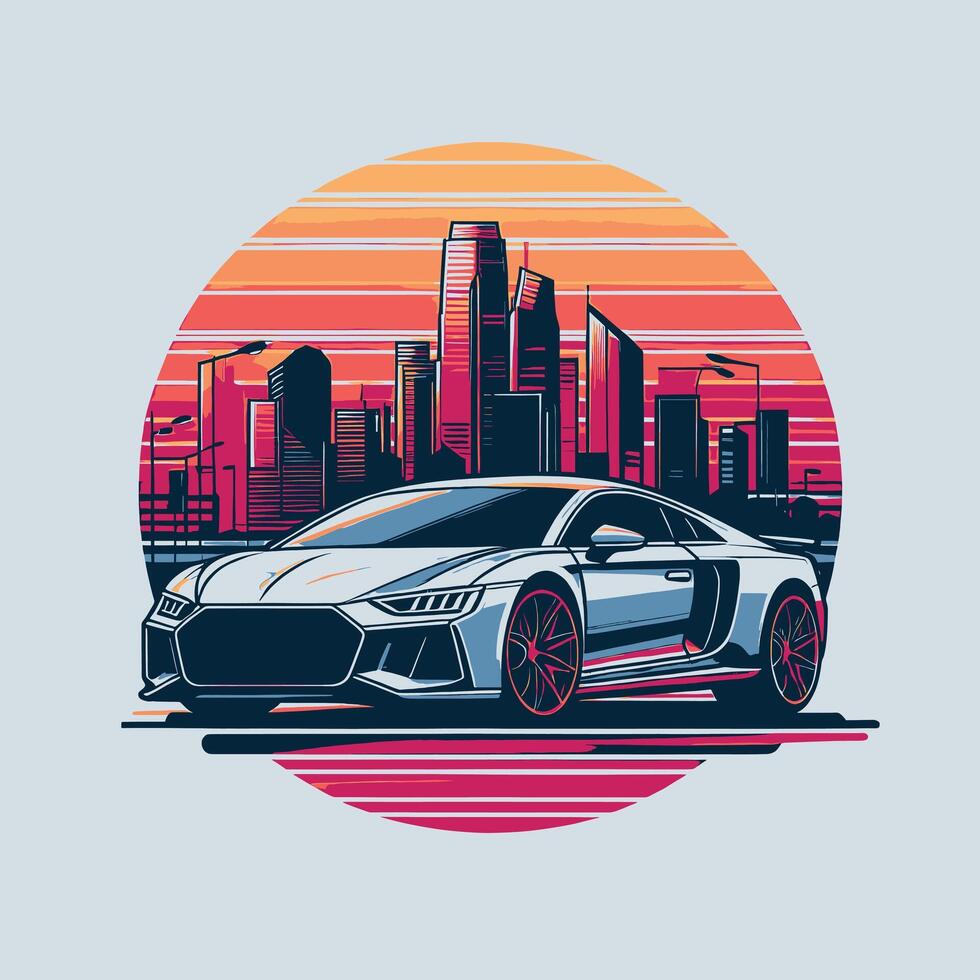 The audi r8 is shown in front of a city skyline vector