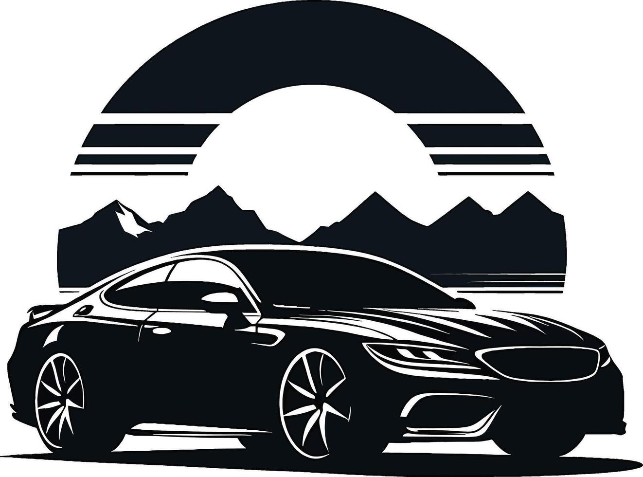 Car with mountains and sun vector