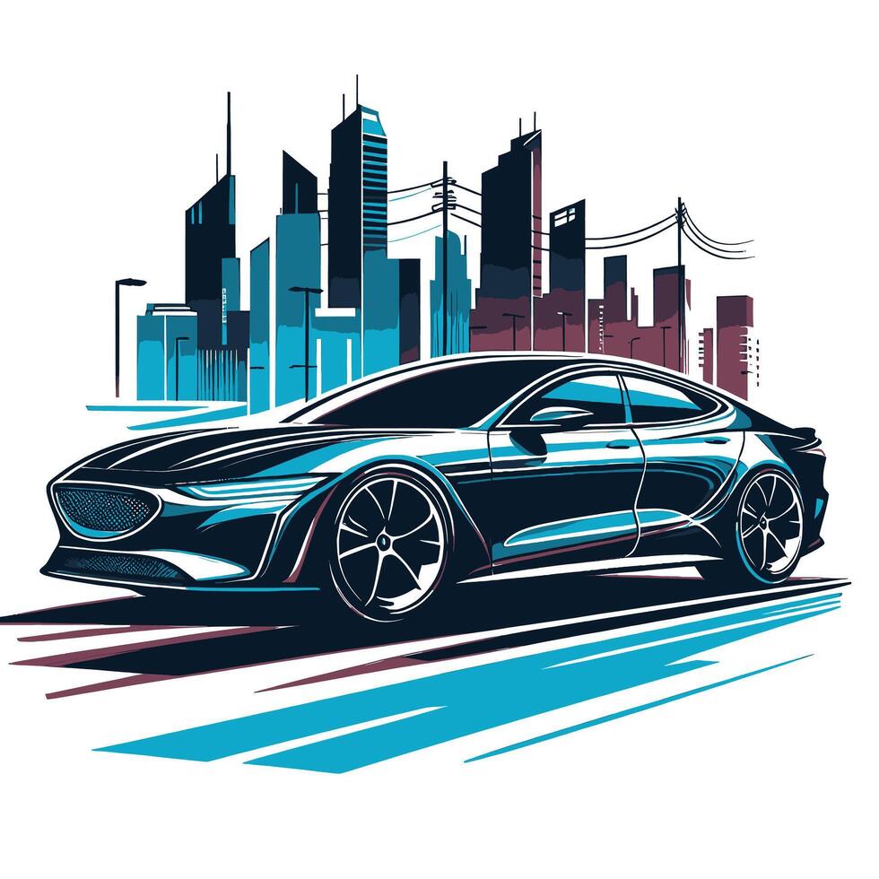 The car is driving in front of the city skyline vector