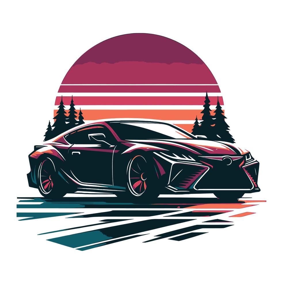 A car driving on a road with trees in the background vector