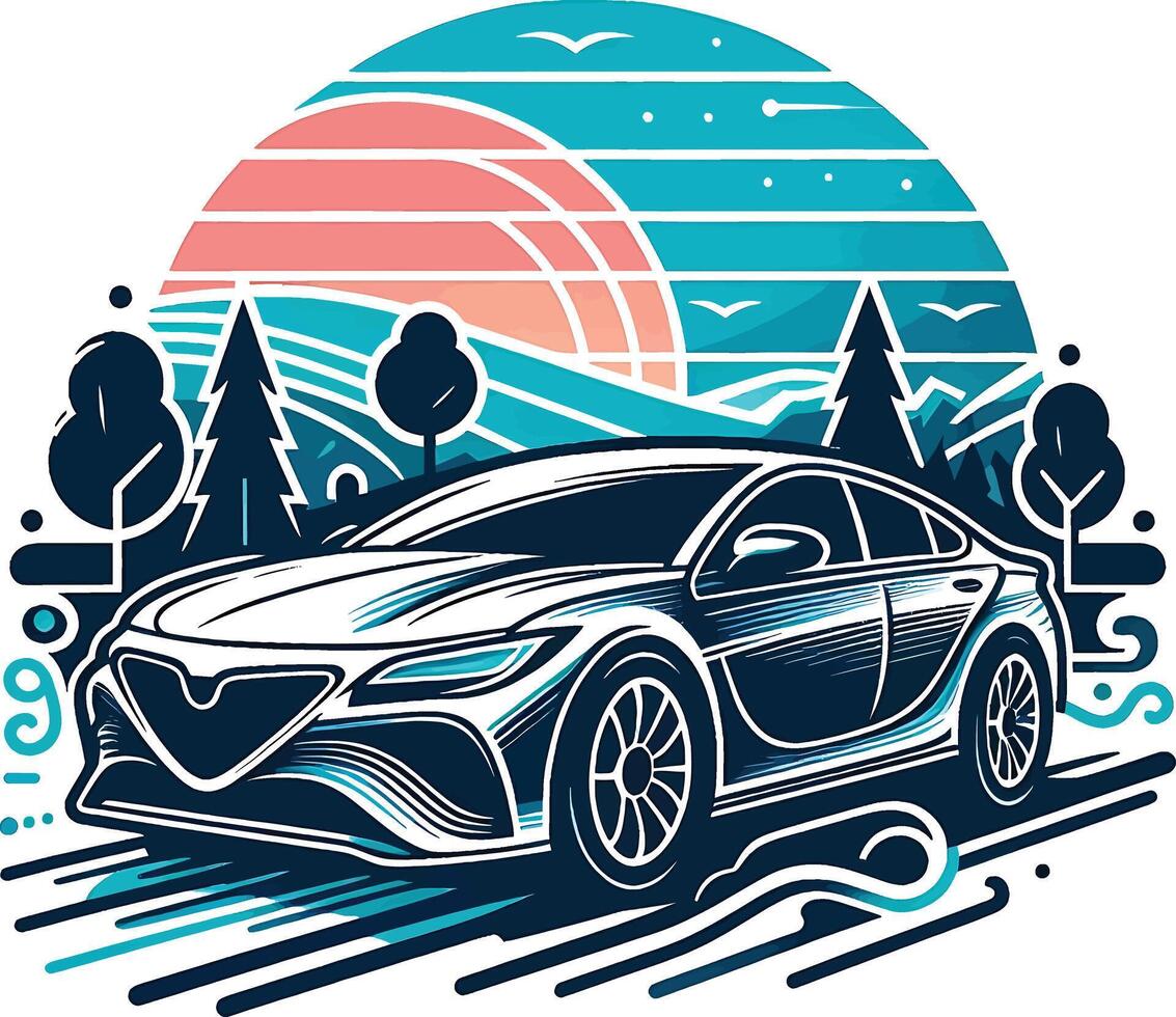 The car is in the middle of the forest with mountains in the background vector