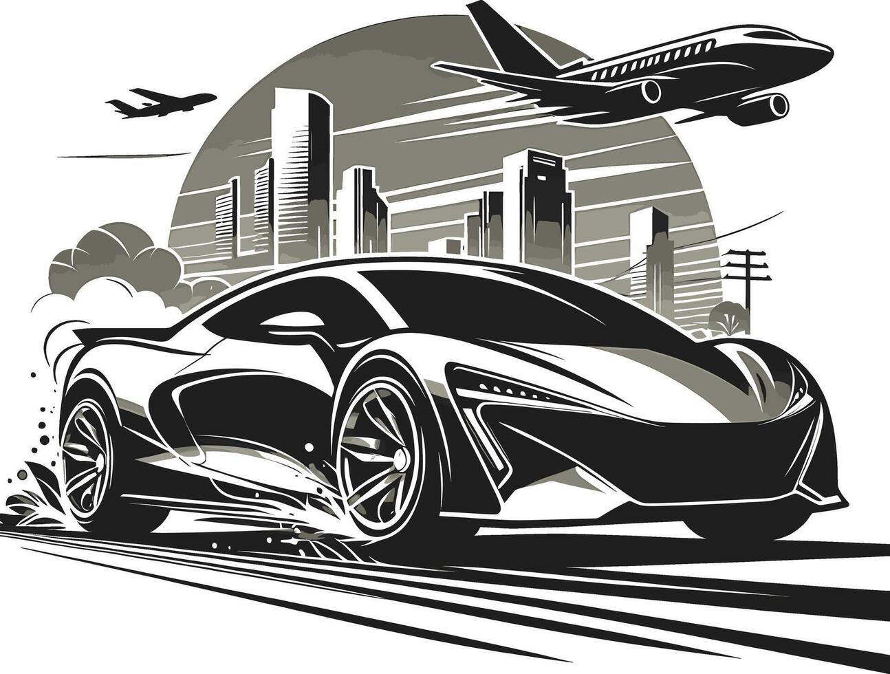 An illustration of a sports car with a plane flying over it vector