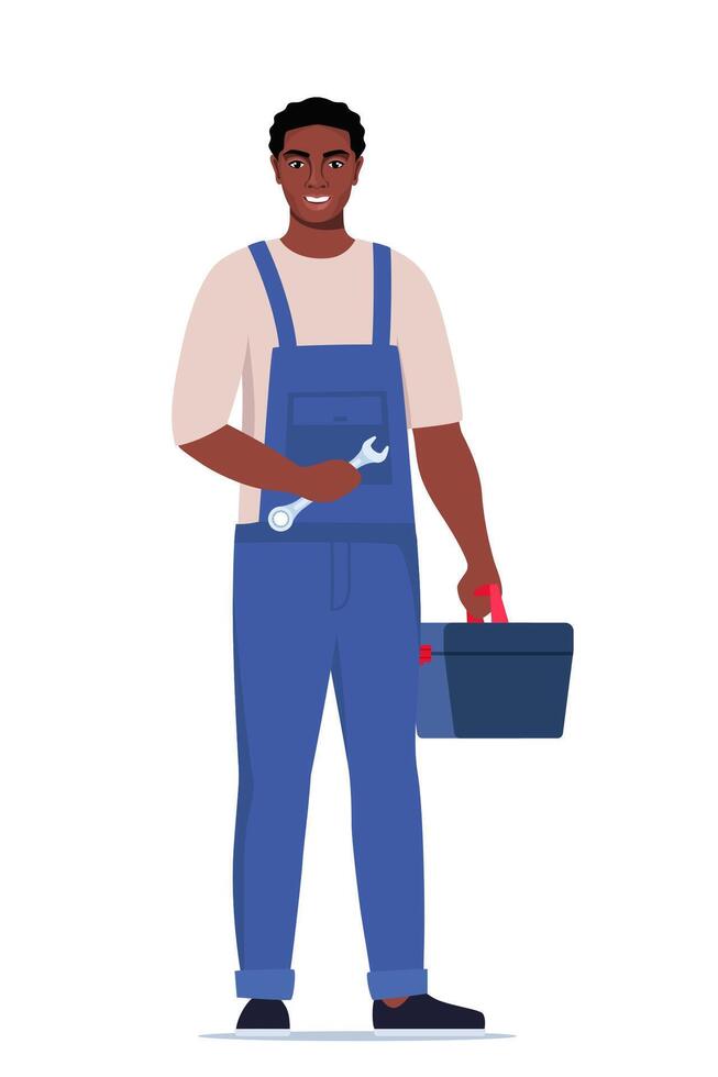 African American black repairman or mechanic with a toolbox. Man character in uniform with wrench in his hand. illustration. vector