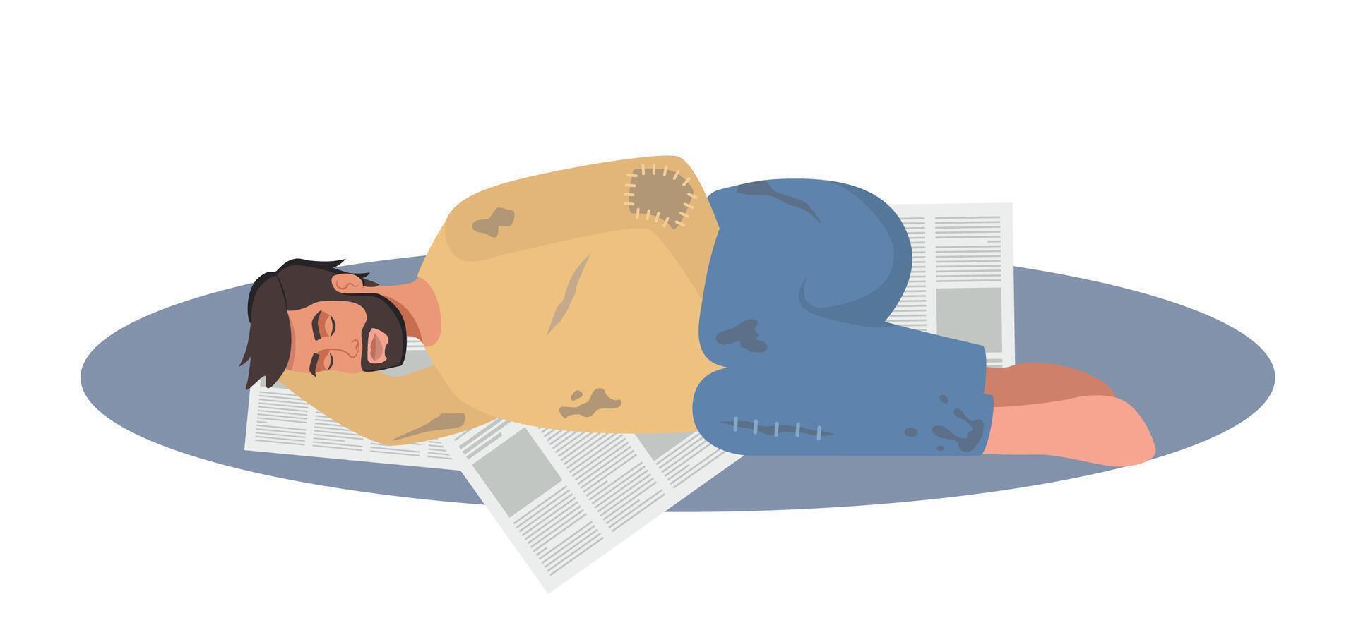 Homeless poor man sleeping on street floor, needy guy lying on newspapers. illustration. vector