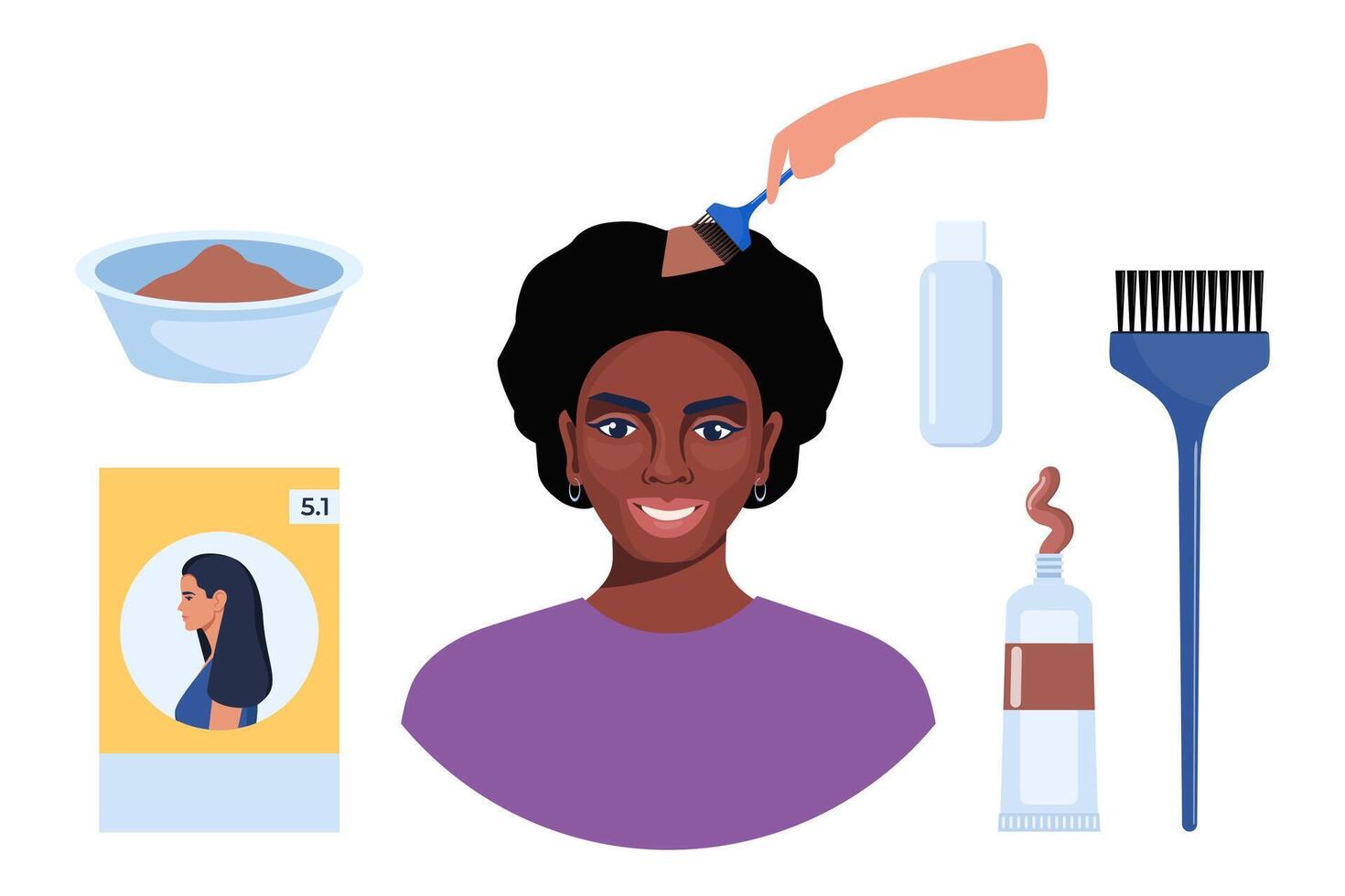 Hair coloring process and elements. Hair dye, brush, comb, bowl, gloves, oxidizer, hair balm. Tools and cosmetic products for hair care. Elements for beauty salon. illustration. vector