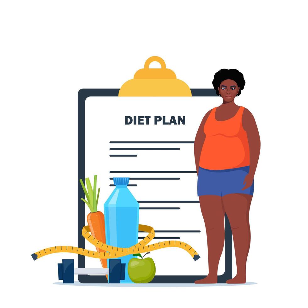 Fat Black woman standing on weigh scales. Diet plan checklist. Healthy food and sports. illustration. vector