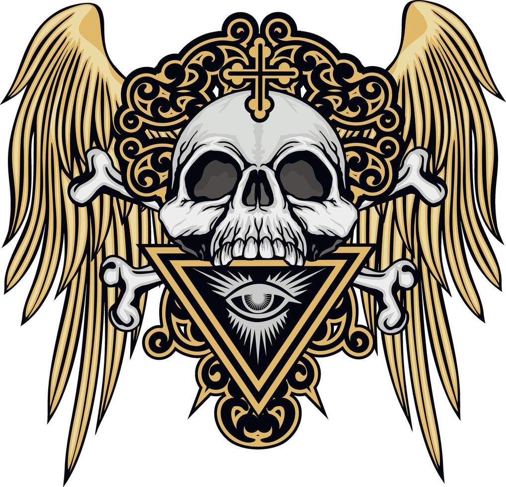 Skull with wings and masonic sign with an eye, grunge vintage design t shirts vector