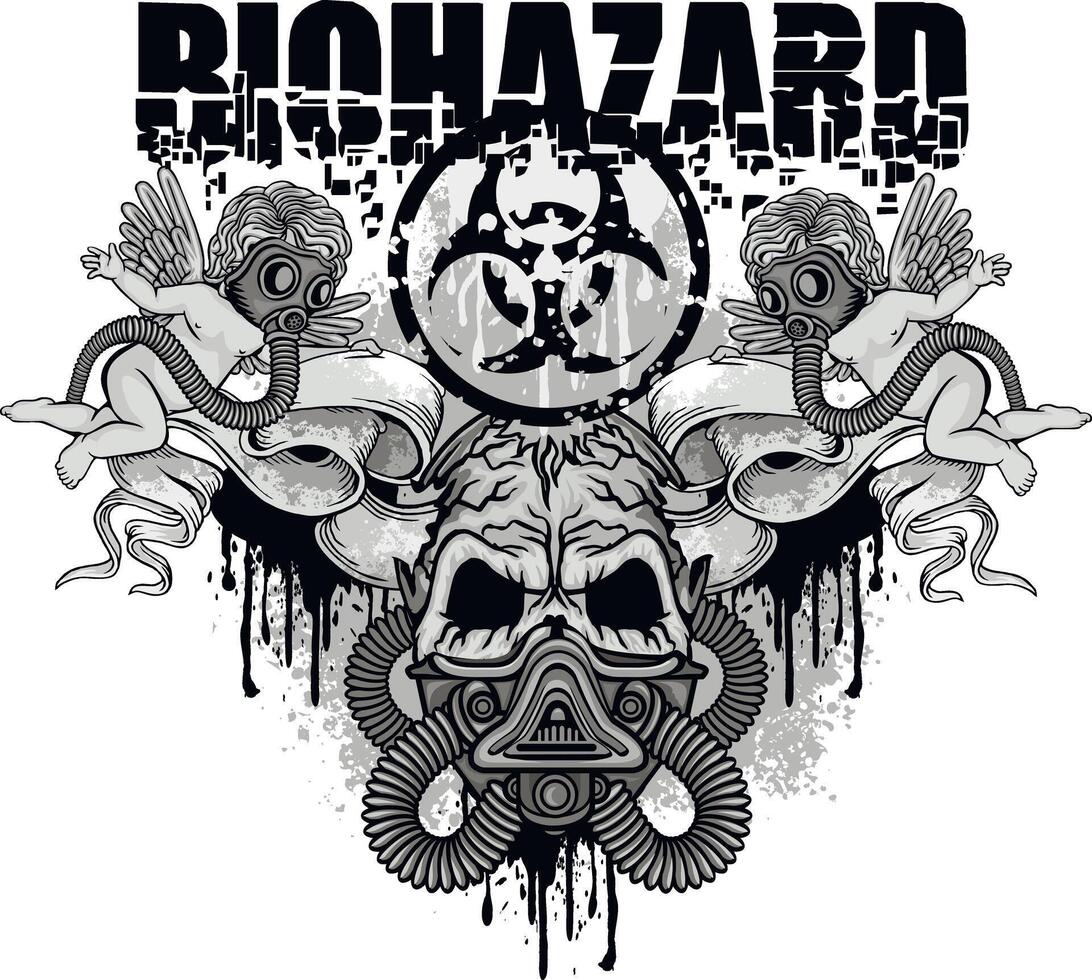biohazard sign with skull and gas mask and angels, grunge vintage design t shirts vector