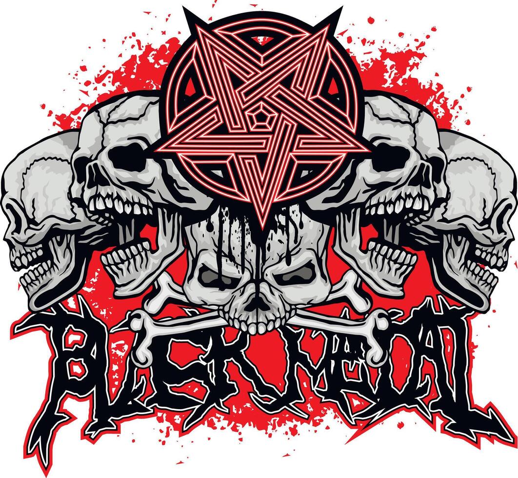 Black metal skulls and pentagram vector