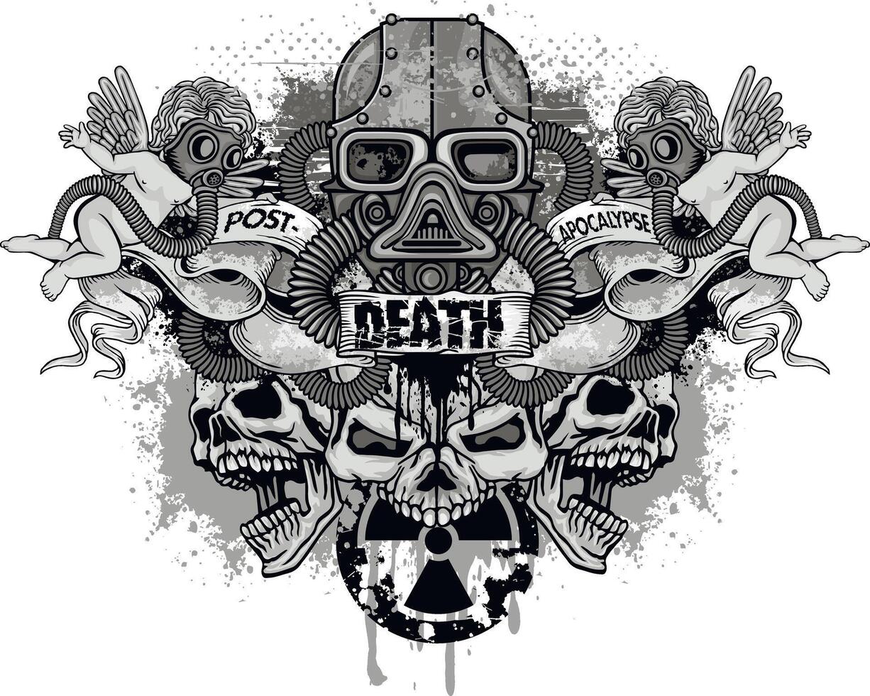 skull and gas mask and angels, grunge vintage design t shirts vector