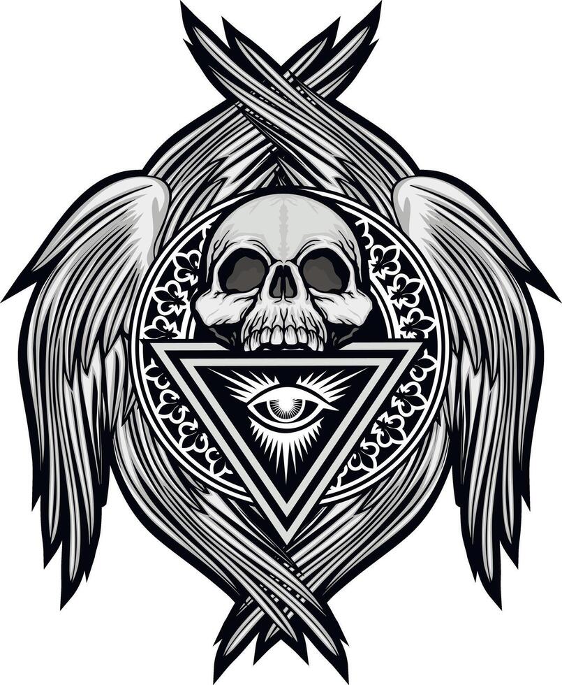 skull with wings and eye in pyramid vector