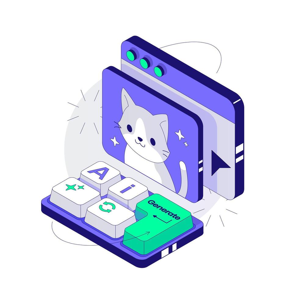 Small Mini Keyboard with Ai Generate buttons. Artificial Intelligence creates a picture of a cat. Isometric illustration vector