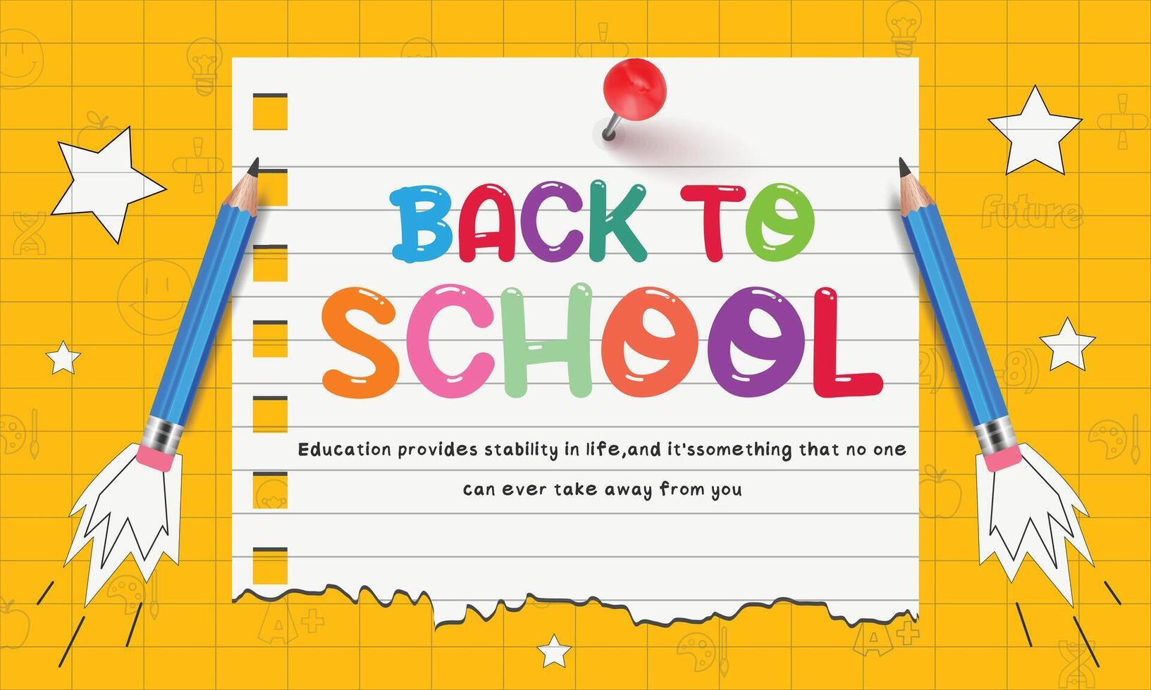 Back to school banner featuring an alarm clock, checkered paper, colorful pencils, and various learning items on hand-drawn doodles. vector