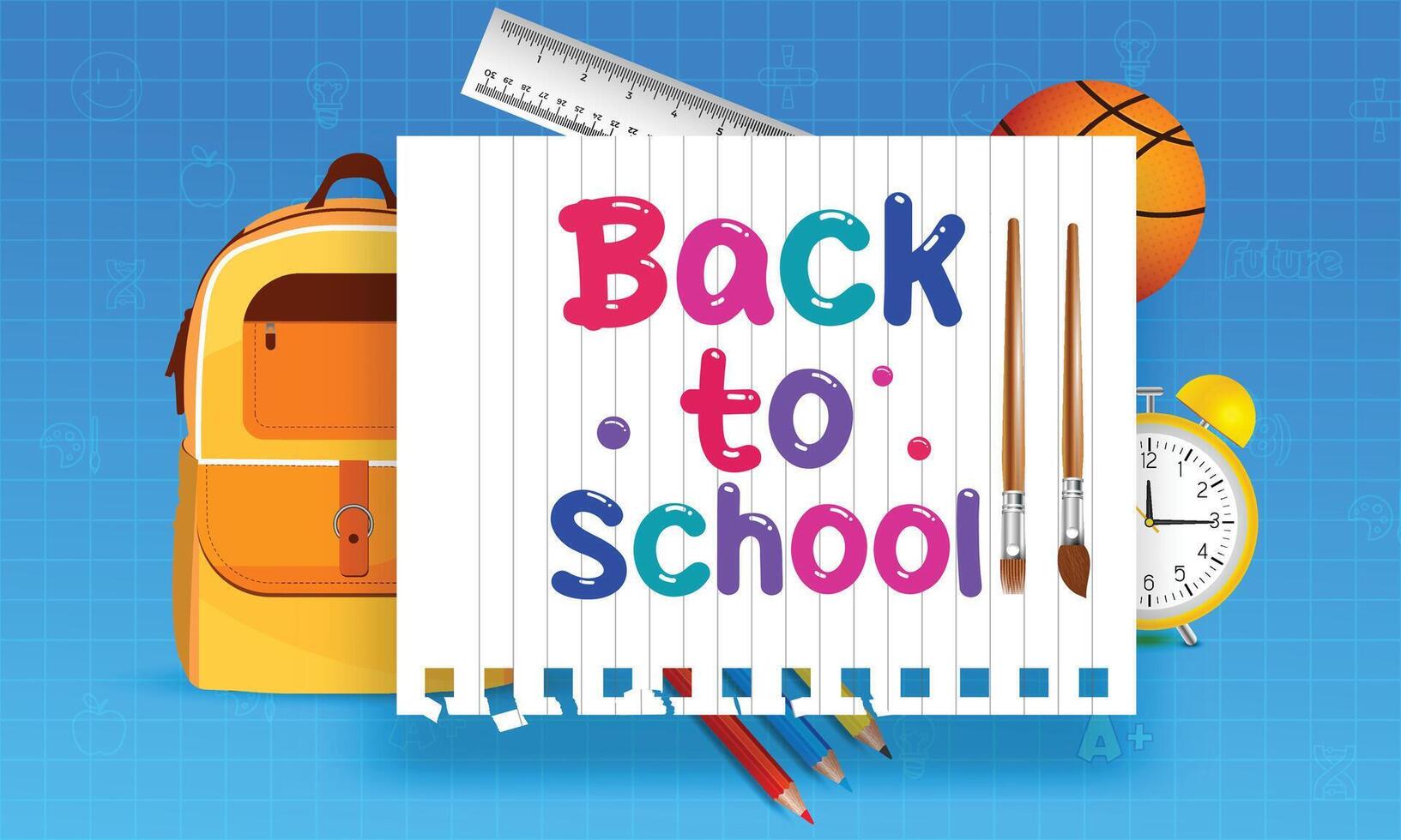 Back to school horizontal banner checkered paper background. Hand-drawn sketch letters and doodles with multicolored pencils on a textured backdrop. vector